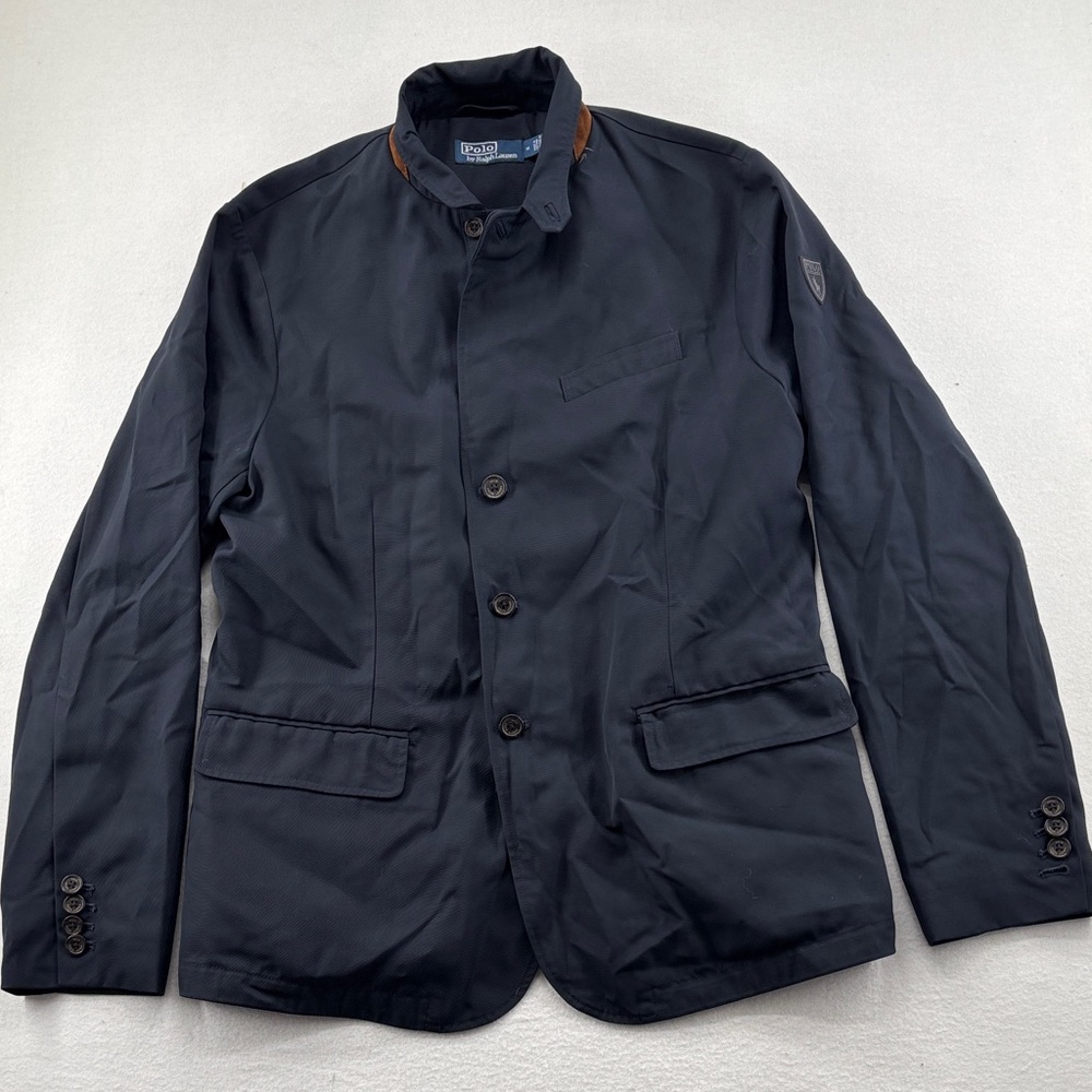 Polo by Ralph Lauren Navy Cotton Blend Shirt Jacket with Brown Trim